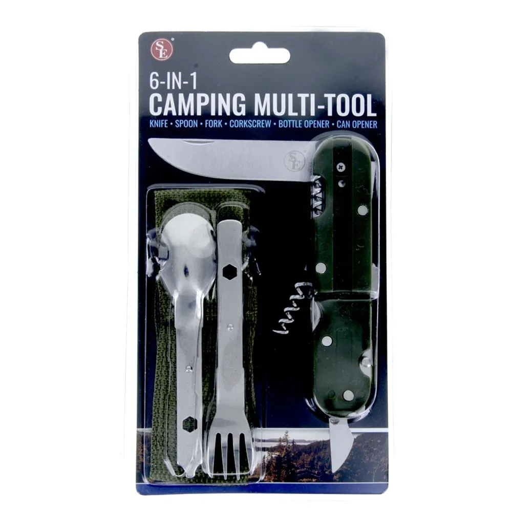 6 Multi Tools Purpose Camping Camper Folding Knife Fork Spoon Emergency Survival
