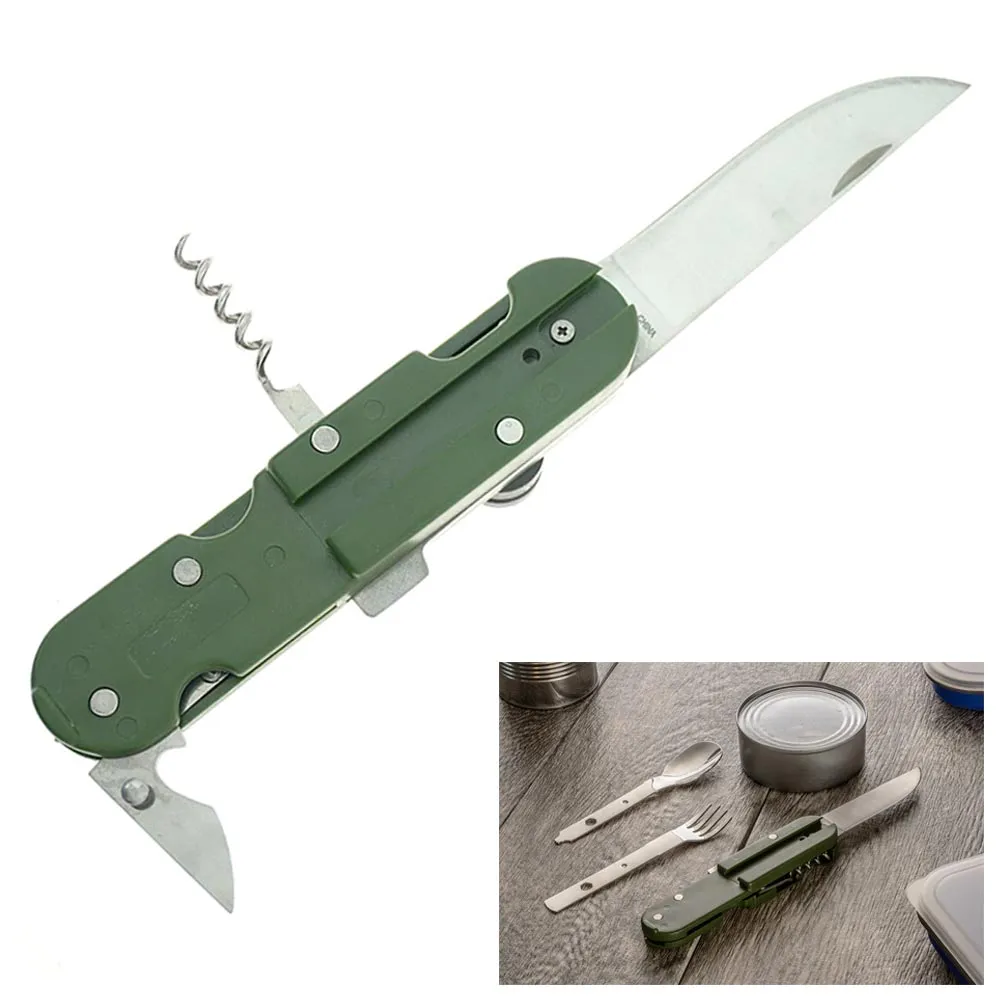 6 Multi Tools Purpose Camping Camper Folding Knife Fork Spoon Emergency Survival