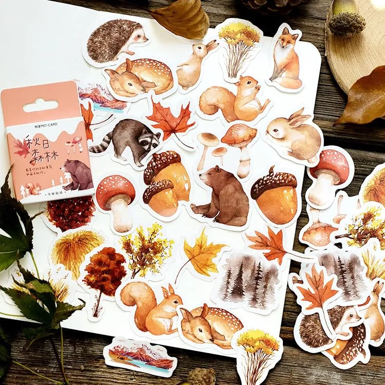 Autumn Forest Stickers, Obujopal 46pcs Fall Leaf Stickers for Scrapbooking Journaling Laptop Junk Journal DIY Decoration Planners Diary Notebooks Album Phone Cases Aesthetic Art Crafts