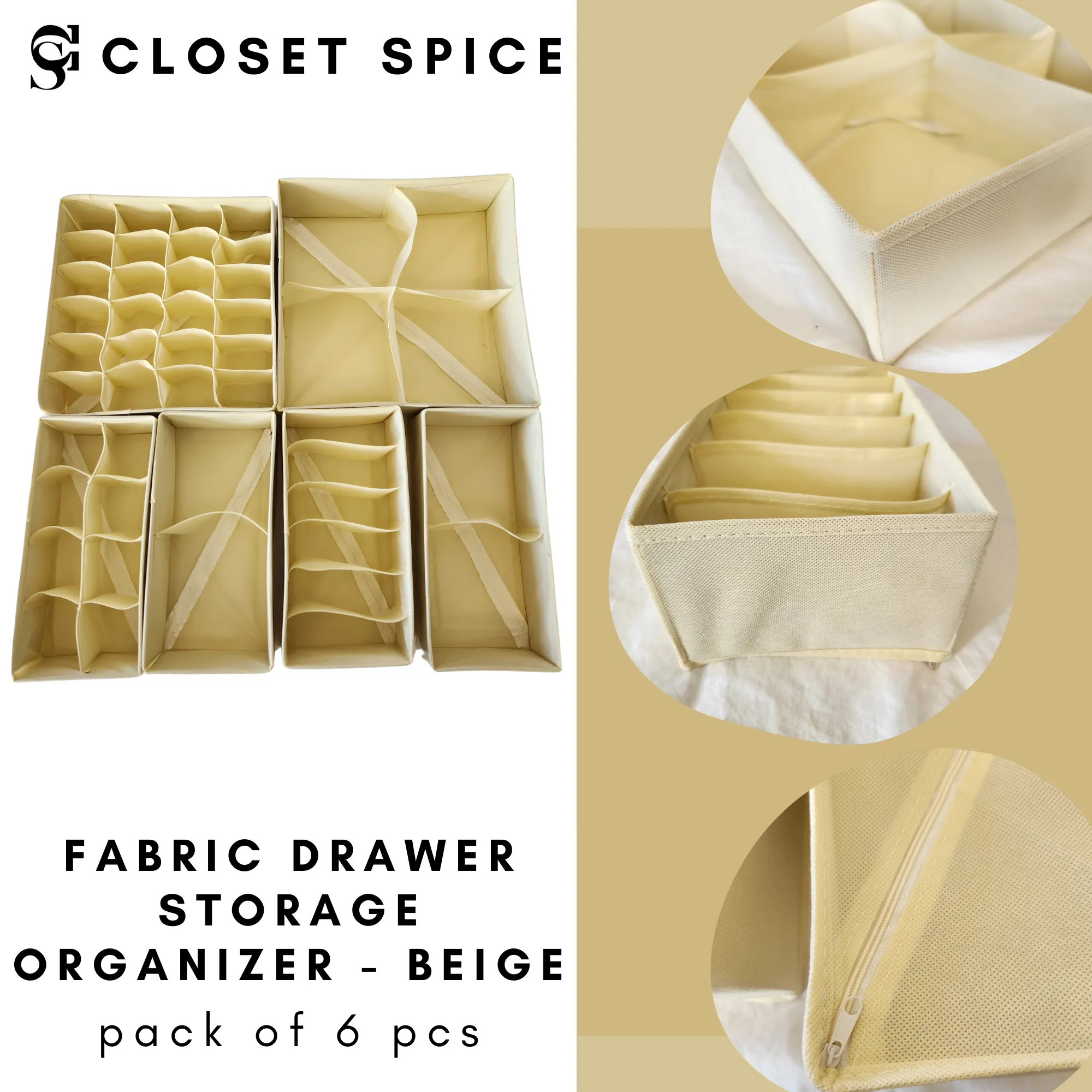 Drawer Storage Fabric Organizer Boxes, Beige - Set of 6