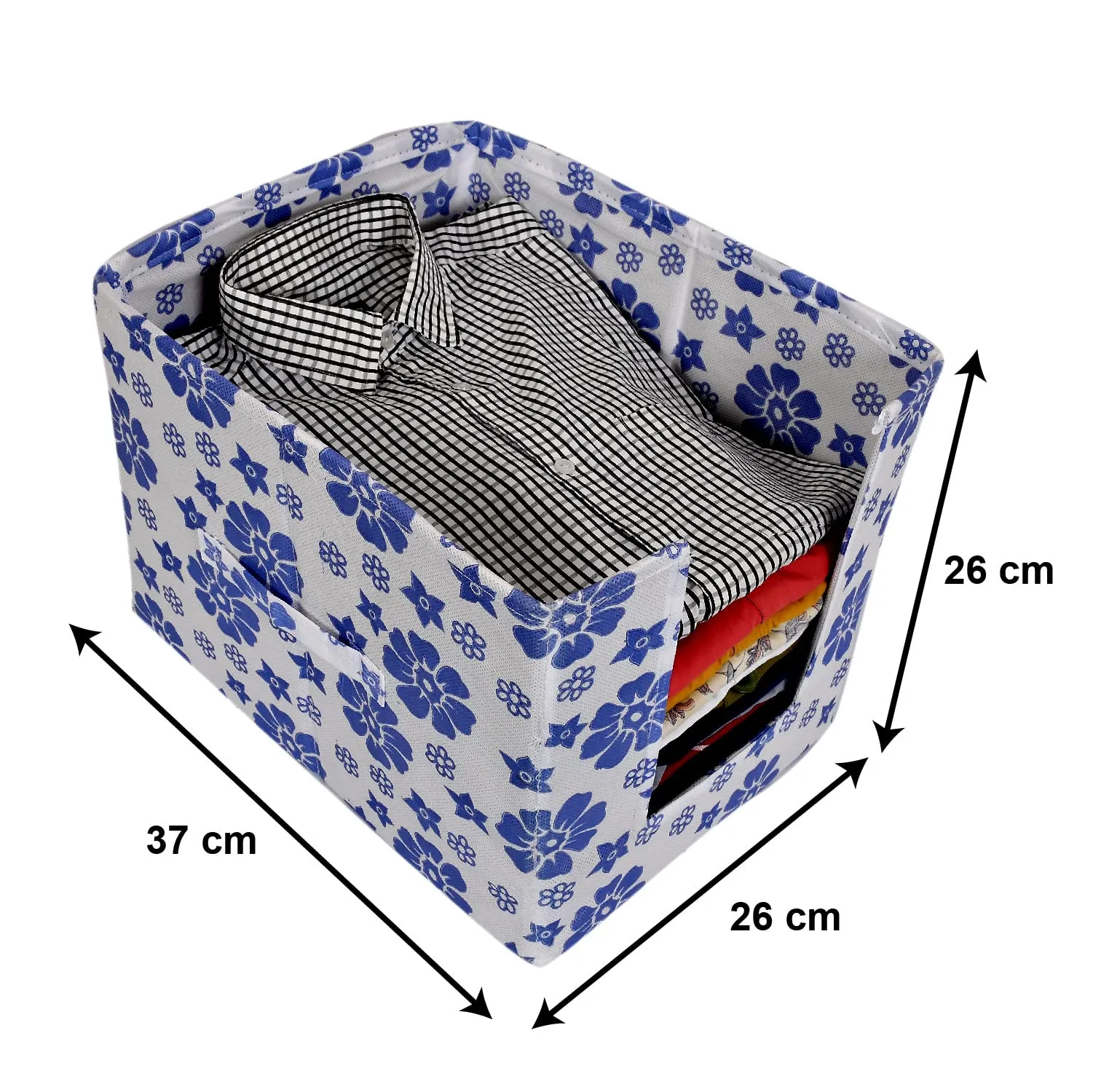 Heart Home Flower Printed Non-Woven Foldable Shirt Stacker Closet Organizer With Handles- Pack of 2 (White & Blue)-HS43HEARTH26498