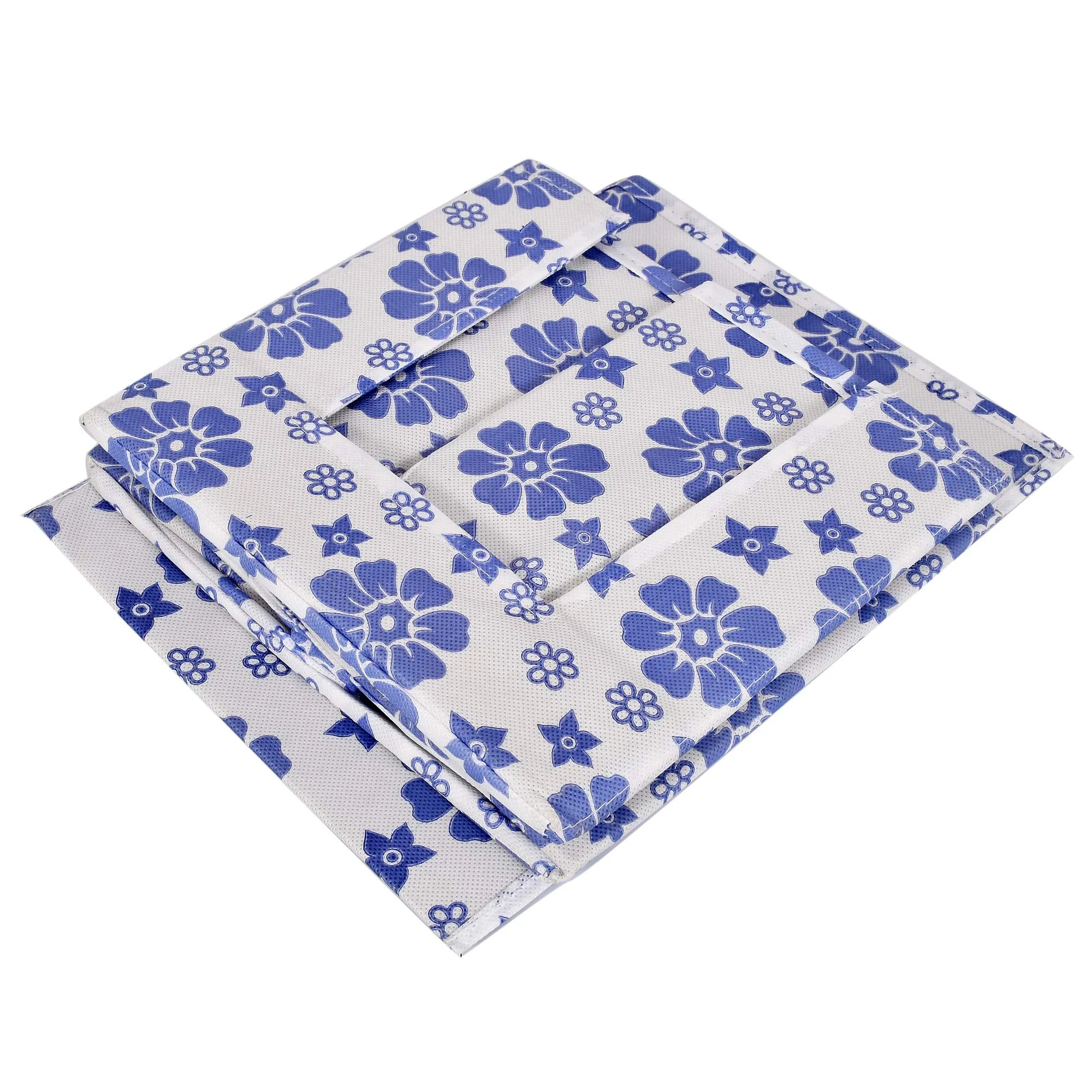 Heart Home Flower Printed Non-Woven Foldable Shirt Stacker Closet Organizer With Handles (White & Blue)-HS43HEARTH26496
