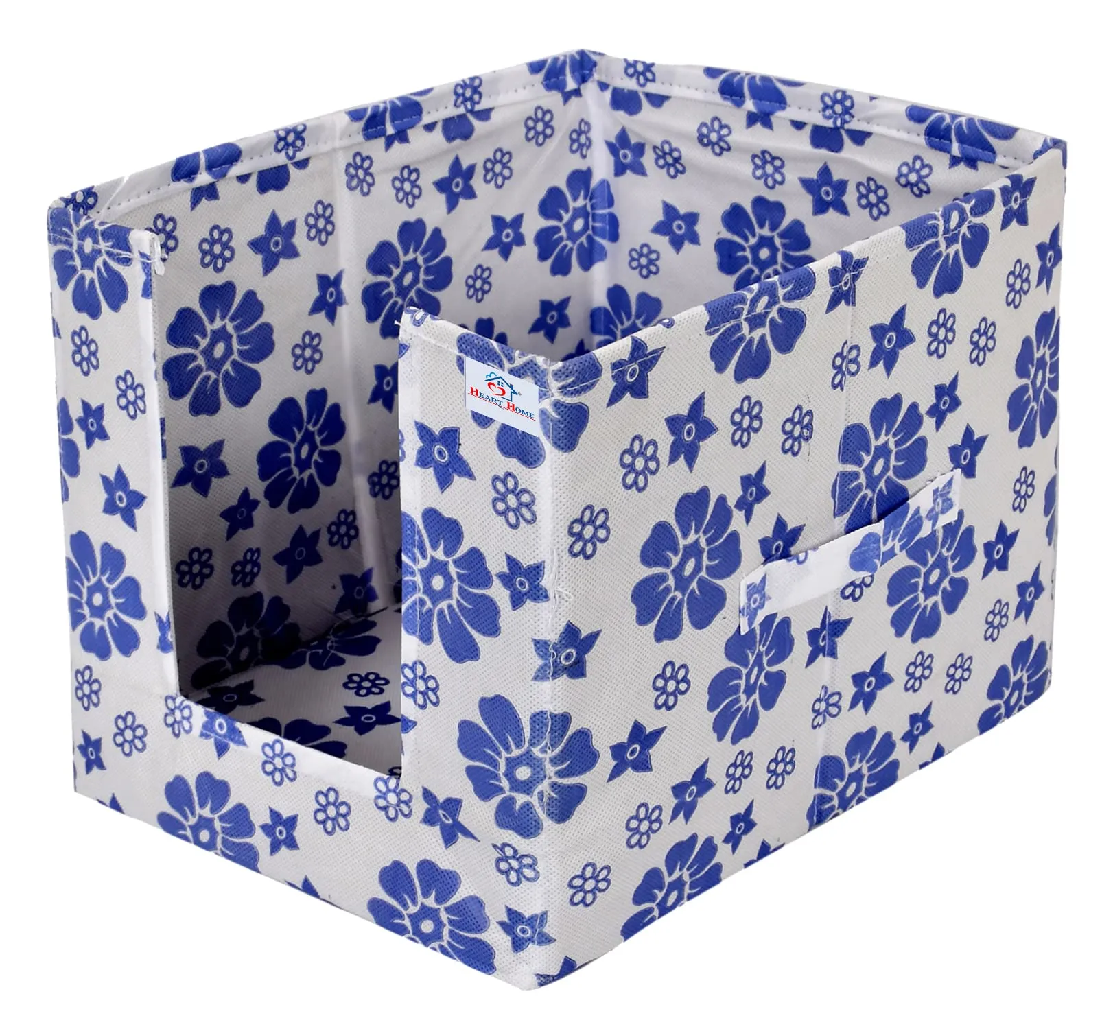 Heart Home Flower Printed Non-Woven Foldable Shirt Stacker Closet Organizer With Handles (White & Blue)-HS43HEARTH26496