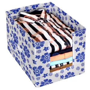 Heart Home Flower Printed Non-Woven Foldable Shirt Stacker Closet Organizer With Handles (White & Blue)-HS43HEARTH26496