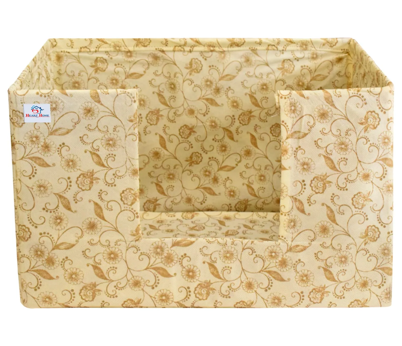 Heart Home Metallic Flower Printed Multiuses Non-Woven Closet Organizer, Storage Bin, Shelf Storage Oragnizer With Handle- Pack of 3 (Ivory)-HS43HEARTH26371