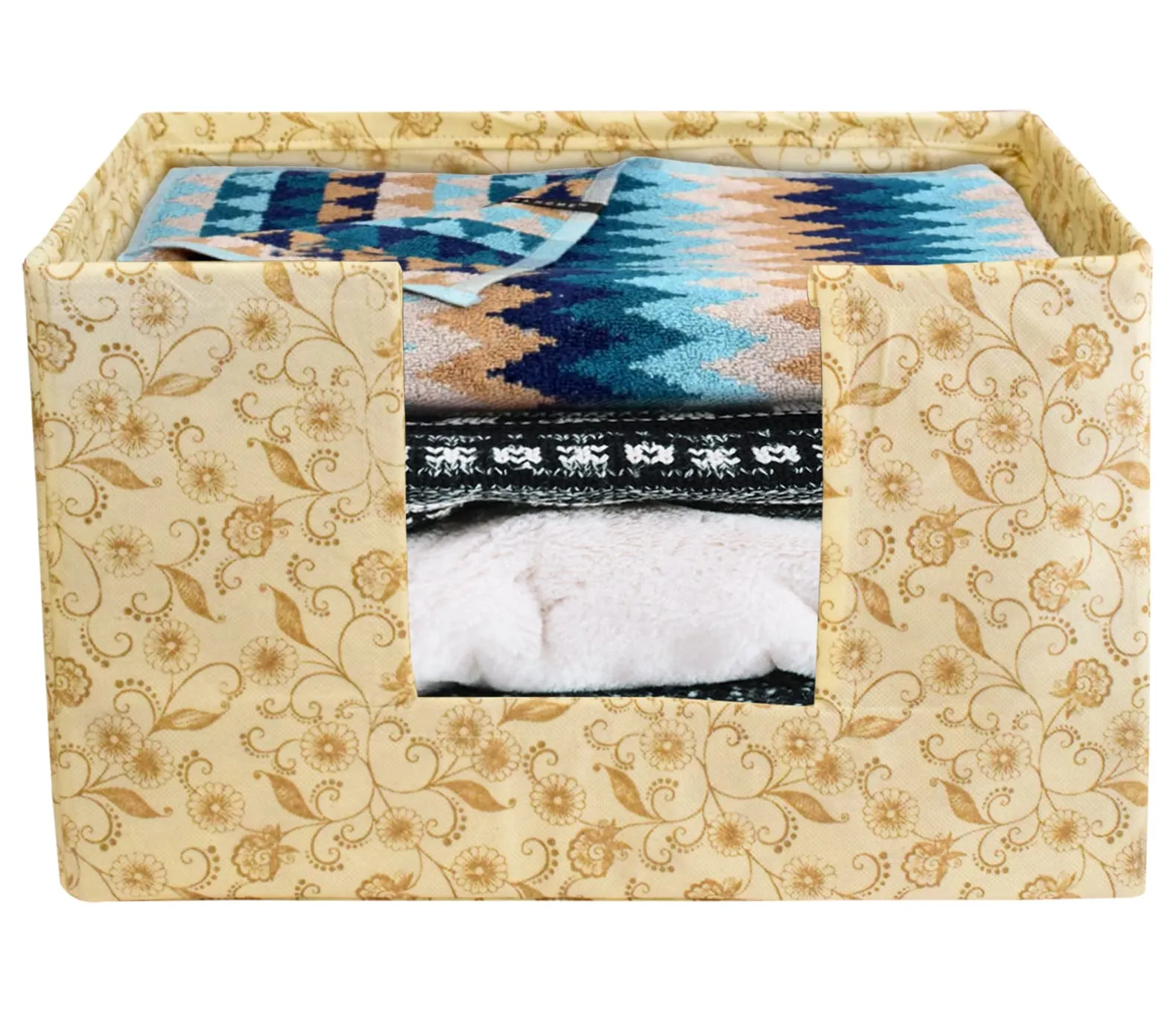 Heart Home Metallic Flower Printed Multiuses Non-Woven Closet Organizer, Storage Bin, Shelf Storage Oragnizer With Handle- Pack of 3 (Ivory)-HS43HEARTH26371