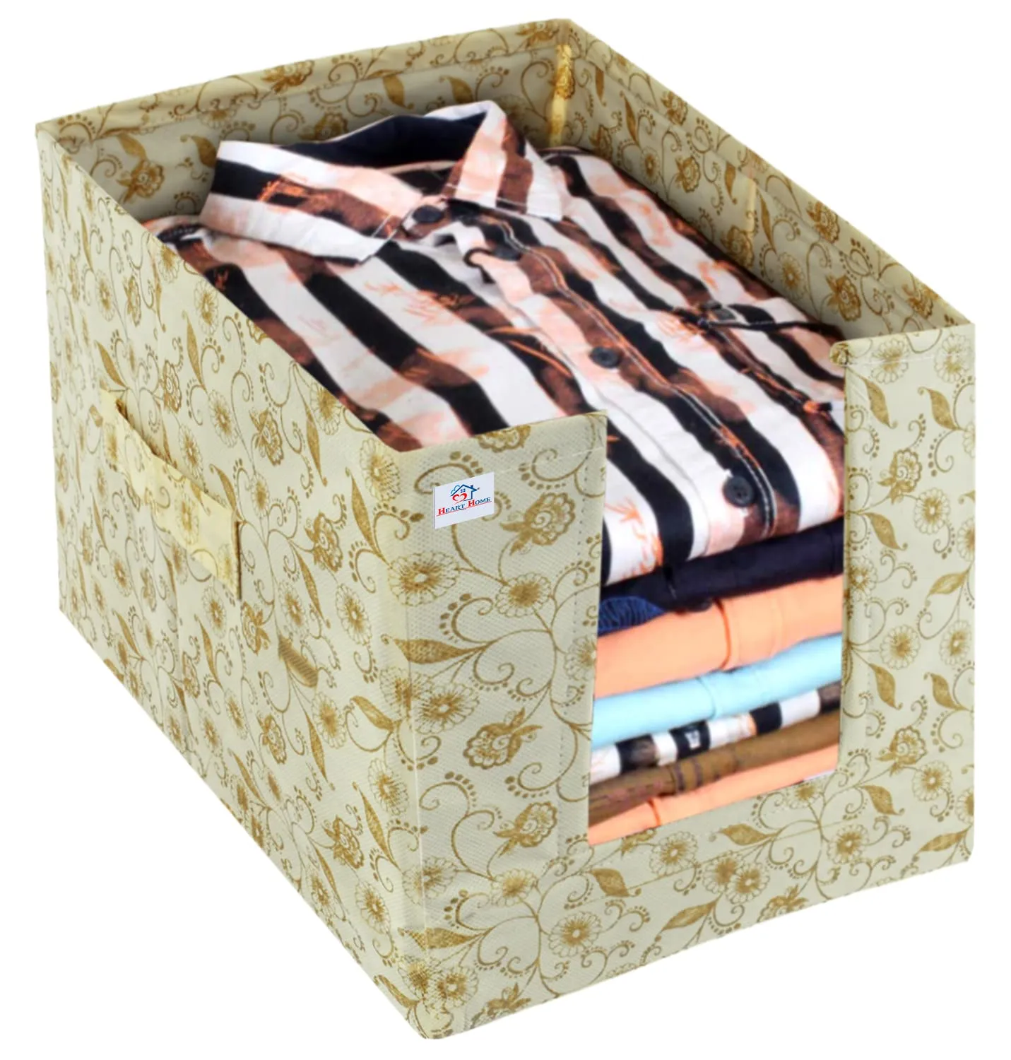 Heart Home Metallic Flower Printed Multiuses Non-Woven Closet Organizer With Handles- Pack of 4 (Cream) -HS43HEARTH26453