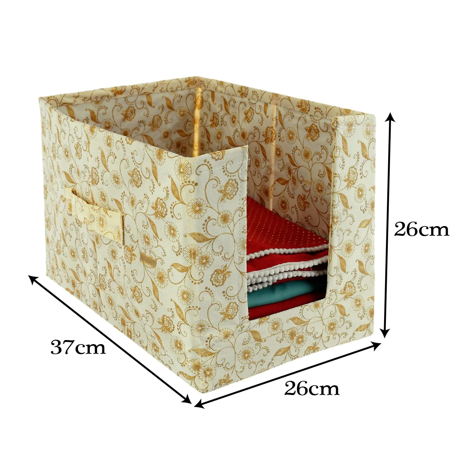 Heart Home Metallic Flower Printed Multiuses Non-Woven Closet Organizer With Handles- Pack of 4 (Cream) -HS43HEARTH26453
