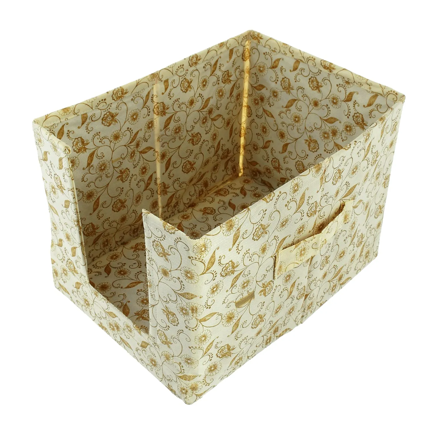 Heart Home Metallic Flower Printed Multiuses Non-Woven Closet Organizer With Handles- Pack of 4 (Cream) -HS43HEARTH26453