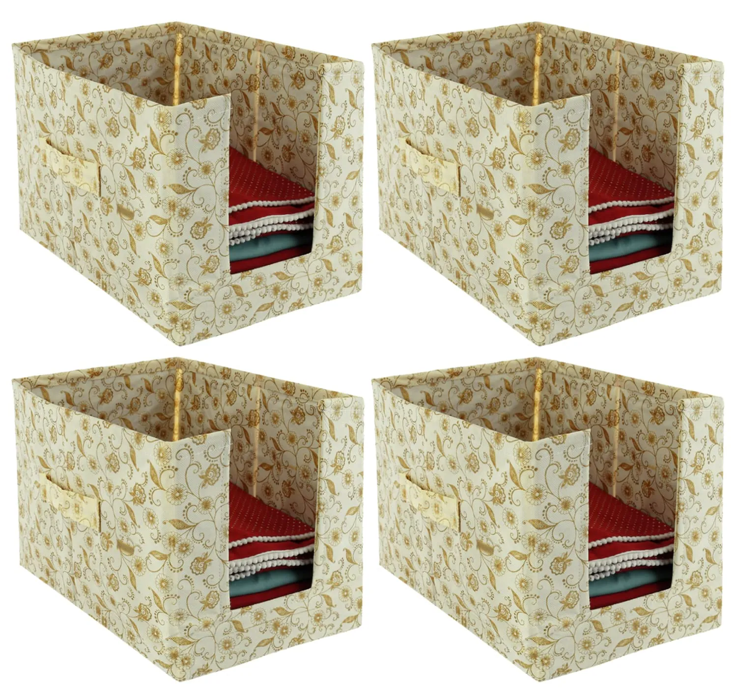 Heart Home Metallic Flower Printed Multiuses Non-Woven Closet Organizer With Handles- Pack of 4 (Cream) -HS43HEARTH26453
