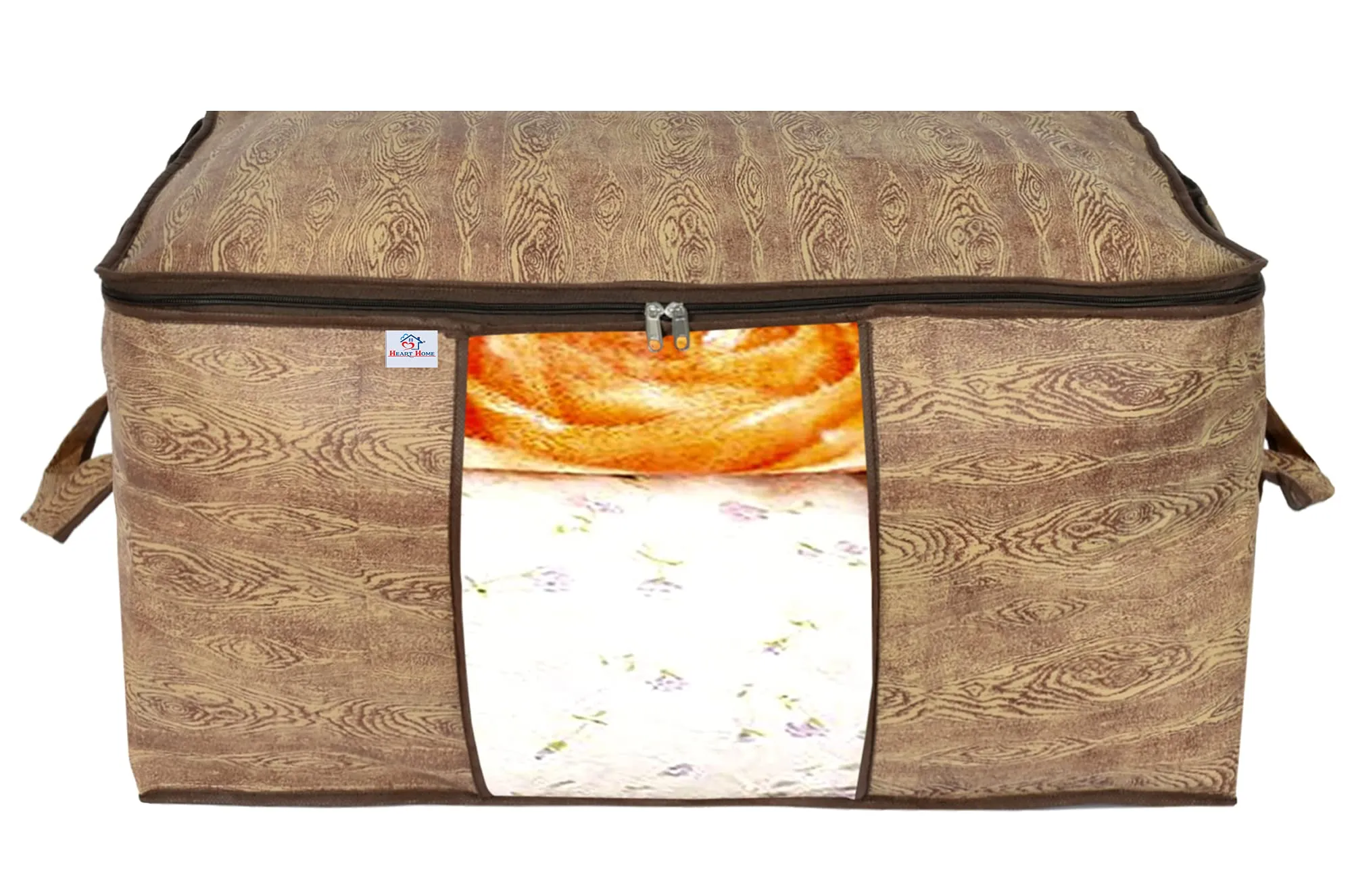 Heart Home Wooden Print Foldable Clothes Storage Bag Wardrobe Organizer Non Woven Fabric for Comforters,Blankets,Bedding with Sturdy Zipper,Clear Window (Set of 8,Brown)