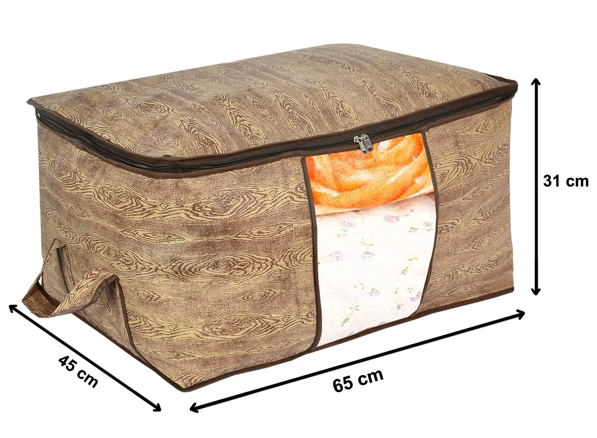Heart Home Wooden Print Foldable Clothes Storage Bag Wardrobe Organizer Non Woven Fabric for Comforters,Blankets,Bedding with Sturdy Zipper,Clear Window (Set of 8,Brown)