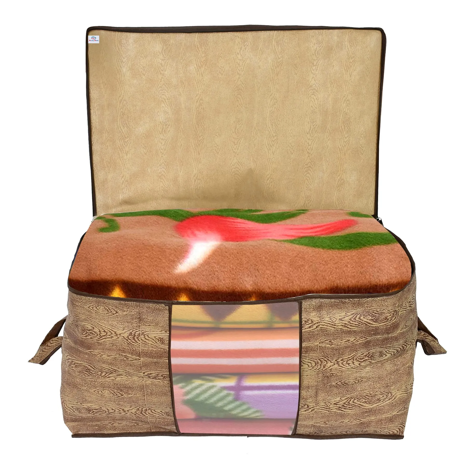Heart Home Wooden Print Foldable Clothes Storage Bag Wardrobe Organizer Non Woven Fabric for Comforters,Blankets,Bedding with Sturdy Zipper,Clear Window (Set of 8,Brown)