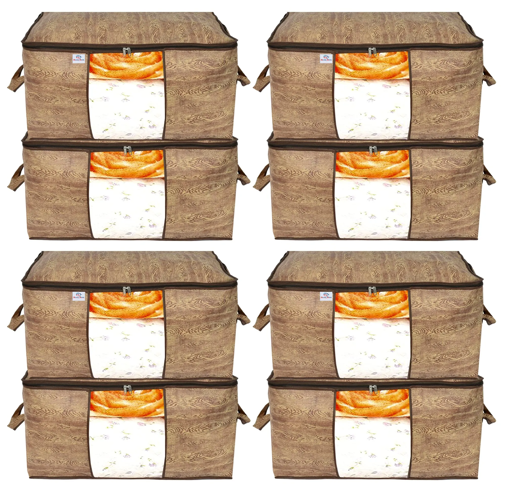 Heart Home Wooden Print Foldable Clothes Storage Bag Wardrobe Organizer Non Woven Fabric for Comforters,Blankets,Bedding with Sturdy Zipper,Clear Window (Set of 8,Brown)