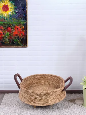 Hoglapata Round Tray with wooden handle Natural