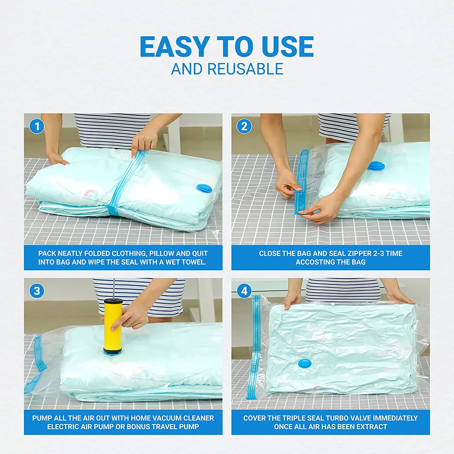 Travel Vacuum Storage Bag Space Saving Saver Sealer Compression Sealing Bags Double Zipper Seal Clothes Pillow Organizer